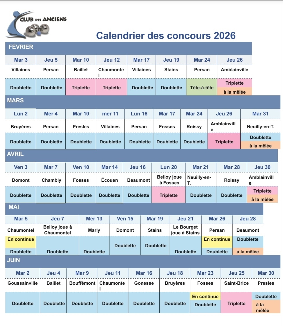 Calendrier de la Saison 2026 - Club des Anciens